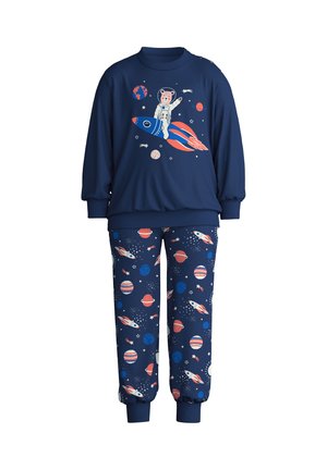 Marineblaue Sweatshirt- und Hosenkombination mit einem Grafikdesign von einer Rakete und einem Astronauten. Das Sweatshirt hat gerippte Bündchen; die Hose zeigt ein Muster von Planeten und Raketen.