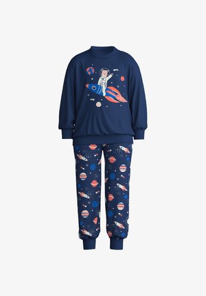 Navy blue sweatshirt and pants set featuring a rocket and astronaut graphic. Sweatshirt has ribbed cuffs; pants display planet and rocket pattern.