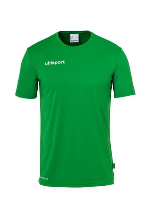 Grøn kortærmet sportstrøje lavet af letvægtsstof. Den har en crew neck, fugttransporterende egenskaber og et brandet logo på forsiden.