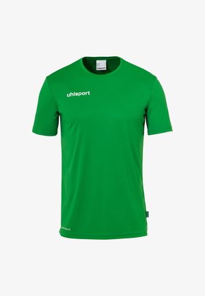 Grünes sportliches T-Shirt mit kurzen Ärmeln aus leichtem Material. Es hat einen Rundhalsausschnitt, feuchtigkeitsableitende Eigenschaften und ein Markenlogo auf der Vorderseite.