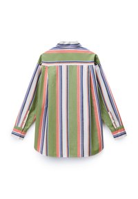 Camicia a righe con strisce verticali verdi, bianche, rosa e blu, maniche lunghe, colletto a punta con polsini con bottone e piega sul retro.