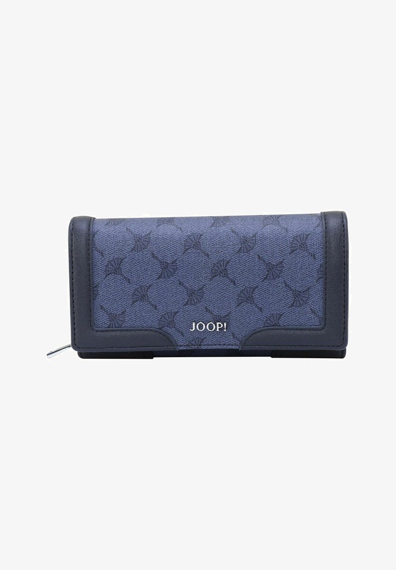 Portefeuille navy avec un tissu texturé, des accents en cuir et un motif ton sur ton. Le logo "JOOP!" est affiché en évidence à l'avant.