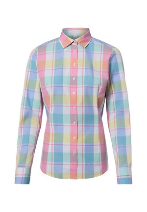 Koszula na guziki z długim rękawem i klasycznym kołnierzem, wykonana z pastelowego materiału w wielokolorową kratkę w kolorach różowym, niebieskim, żółtym i zielonym.