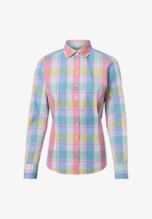 Langärmeliges Hemd mit Knopfleiste und klassischem Kragen, präsentiert in einem pastellfarbenen, mehrfarbigen Karomuster in Rosa, Blau, Gelb und Grün.