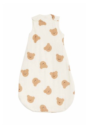Katoenen slaapzak in het wit met lichtbruine berenkoppen. Voorzien van drukknoopsluitingen bij de schouder en een afgeronde onderkant voor bewegingsvrijheid.