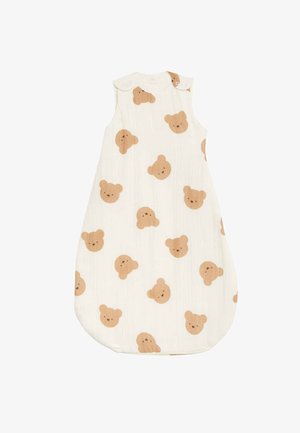 Baumwoll-Schlafsack in Weiß mit hellbraunen Bärenkopf-Motiven. Verfügt über Druckknöpfe an der Schulter und einen abgerundeten Boden für Bewegungsfreiheit.