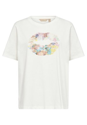 T-shirt en coton blanc présentant un design imprimé de lèvres colorées. Manches courtes et col rond avec une coupe décontractée et ample.