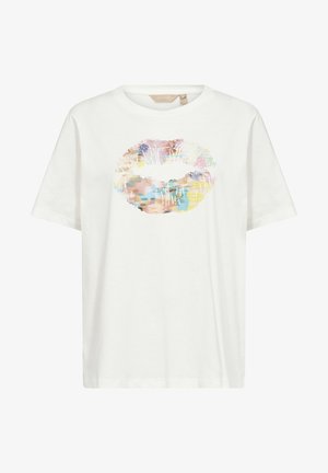 Hvid bomuld t-shirt med et farverigt læbeprint design. Korte ærmer og en rund halsudskæring med en afslappet, løs pasform.