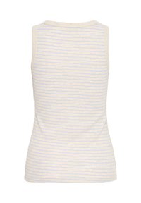 Ujjatlan bézs bordázott trikó vékony, vízszintes világoskék csíkokkal, hátulról fehér háttér előtt bemutatva.