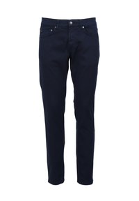 Pantaloni in cotone blu navy con taglio slim, design a cinque tasche e dettagli in metallo sul bottone in vita. Texture liscia, senza motivi visibili.