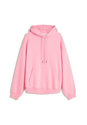 Rosa hoodie med framficka, dragskohuva och avslappnad passform. Tillverkad av mjukt tyg med ribbade ärmslut och kant. Minimalistisk design.