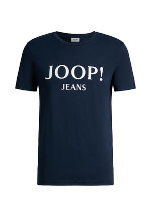 Marineblaues T-Shirt mit kurzen Ärmeln und Rundhalsausschnitt, mit weißem "JOOP! JEANS" Logo zentriert auf der Vorderseite.