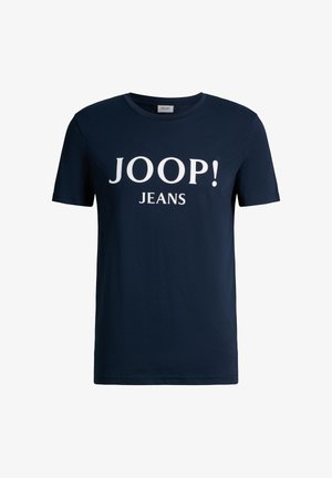 Marineblaues T-Shirt mit kurzen Ärmeln und Rundhalsausschnitt, mit weißem "JOOP! JEANS" Logo zentriert auf der Vorderseite.