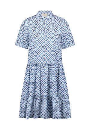 Robe à manches courtes, longueur genou, avec patte de boutonnage devant, motif géométrique circulaire bleu et blanc, et ourlet à volants superposés.