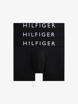 Mustat boxershortsit kolmessa paketissa, joissa on leveä vyötärönauha, jossa lukee valkoisella "HILFIGER", valmistettu pehmeästä ja joustavasta kankaasta.