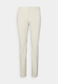 Béžové bavlněné chino kalhoty s přímým střihem, vybavené poutky na pásek a předními kapsami. Hladká textura s minimem šicích detailů.