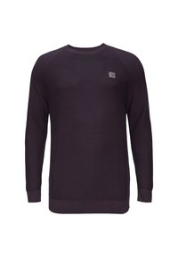 Lila Strickpullover mit Rundhalsausschnitt und langen Ärmeln. verfügt über ein kleines Logopatch auf der Brust sowie gerippte Bündchen und Saum.