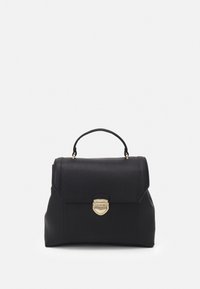 Borsa a mano in pelle nera con design strutturato, manico superiore e dettagli in oro. Presenta una chiusura a pattina e un logo discreto.