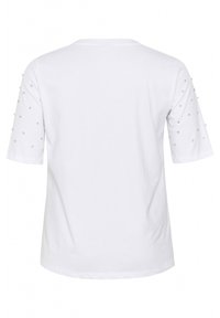 T-shirt blanc à manches courtes avec un col rond, décoré de clous en argent sur les épaules, en coton lisse.