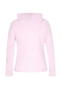 Felpa rosa a maniche lunghe, in morbido materiale felpato, con cappuccio rotondo, design aderente e texture semplice senza motivi o hardware visibili.
