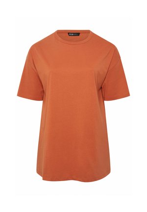 Effen roestoranje T-shirt met korte mouwen, ronde hals, comfortabele pasvorm en zichtbaar merkembleem aan de binnenkant van de halslijn.