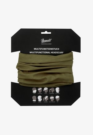 Multifunktsionaalne peapael oliivrohelises värvitoonis, valmistatud pehmest kangast. Pakendatud mustas pappkarbis, millel on kasutamisillustratsioonid ja tooteandmed.