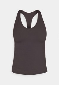 Sort atletisk top med ærmeløs design, lav ryg og glat, strækbart stof. Har en rund halsudskæring og en tætsiddende silhuet.
