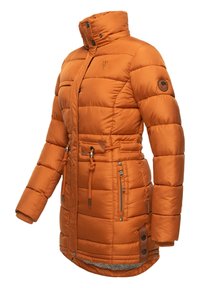 Orange puffer jacket with a high collar, padded design, adjustable waist, two front pockets, and a logo patch on the sleeve.