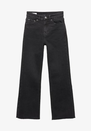 Schwarze High-Waist Weitbein-Jeans mit vorderer Knopfverschluss, Gürtelschlaufen und fünf Taschen, flach auf einem weißen Hintergrund ausgelegt.