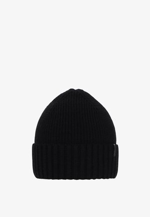 Black knitted beanie hat with a ribbed texture, featuring a folded hem and a slight peak at the top. No visible hardware or accents.
