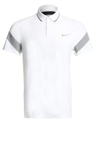 Bílá polo tričko s šedými akcenty na rukávech, s límečkem, knoflíkovou légou a logem Nike v šedé barvě. Vyrobeno z prodyšného materiálu.