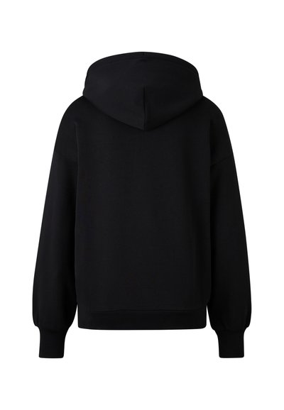 Schwarzer Kapuzenpullover mit lockerem Schnitt, langen Ballonärmeln, gerippten Bündchen und Saum. Weicher Stoff mit glatter Textur.