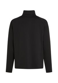 Zwarte longsleeve pullover met hoge kraag, gladde textuur, raglanmouwen en een relaxte pasvorm. Geen patronen of accenten zichtbaar.