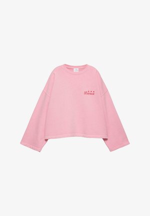 Hanorac roz roz lejer cu mâneci lungi, cu inscripția „LAID-BACK” și trei stele imprimate în roșu în partea superioară stângă a pieptului.