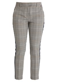 Rutiga byxor i grått, svart och brunt, med slim fit och marinblå sidostreck. Materialet har en slät struktur med en skräddarsydd design.