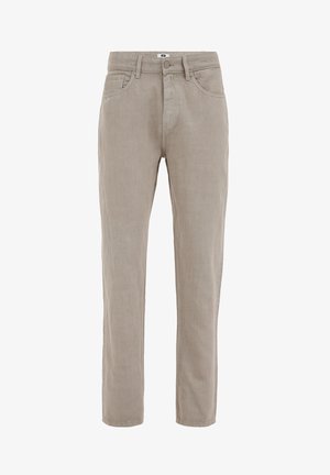 Pantaloni in cotone beige con vestibilità dritta, caratterizzati da cinque tasche, passanti per la cintura e chiusura con zip e bottone superiore. Texture morbida.