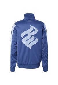 Veste de survêtement bleue avec un motif abstrait de flammes bleu clair dans le dos et des bandes blanches le long des manches, étiquetée Rocawear.