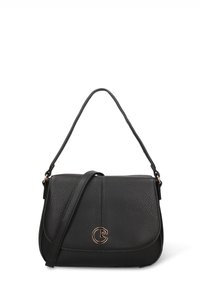 Borsa a tracolla in pelle nera con finitura testurizzata, chiusura a patta, tracolla removibile e dettaglio logo color oro sulla parte anteriore.