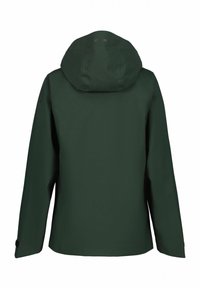 Giacca verde impermeabile con cappuccio, maniche lunghe e polsini elasticizzati. Texture liscia e design minimalista, ideale per l'uso all'aperto.
