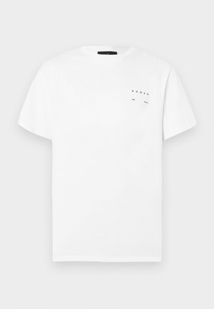 White cotton t-shirt with short sleeves, crew neck, and a small black print logo on the left chest. Smooth texture, relaxed fit.