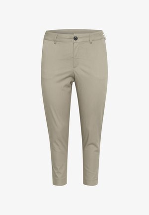 Világos bézs, térd alá érő nadrág, sík elülső résszel, egyetlen fekete gombbal és klasszikus zsebkialakítással; sima textúra és szabott fazon.