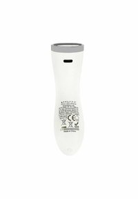 Mini LED-strålkastare i vitt med grå accenter. Slät ergonomisk form, USB-ingångsport och tryckta tillverkningsdetaljer på baksidan.