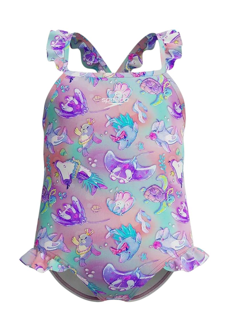 Costume da bagno colorato con un motivo giocoso a tema oceanico che presenta creature marine. Realizzato in materiale morbido con spalline e bordi volants.