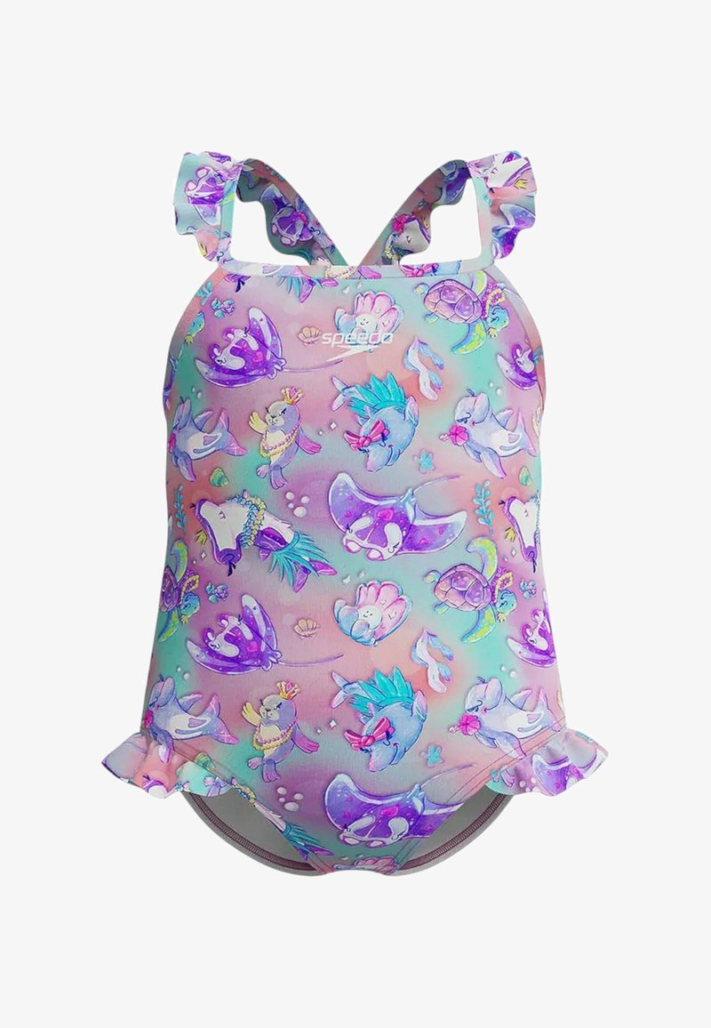 Costume da bagno colorato con un motivo giocoso a tema oceanico che presenta creature marine. Realizzato in materiale morbido con spalline e bordi volants.