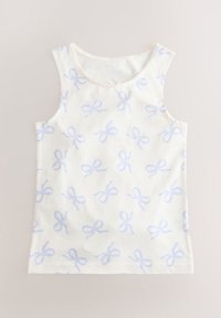 White tank top with light blue bow patterns, made from soft cotton, features a rounded neck and sleeveless design.