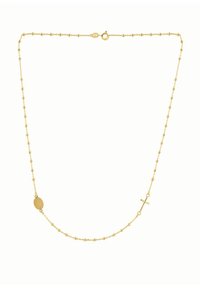 Zlatý náhrdelník s oválnymi a krížovými príveskami, zdobený striedaním malých korálok a hladkých spojov. Dizajn je jemný a vkusný.