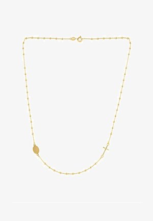 Zelta ķēdes kaklarota ar ovālas un krustiņa formas piekariņiem, kurā mainās mazi pērlīšu elementi un gludi posmi. Dizains ir smalks un izsmalcināts.