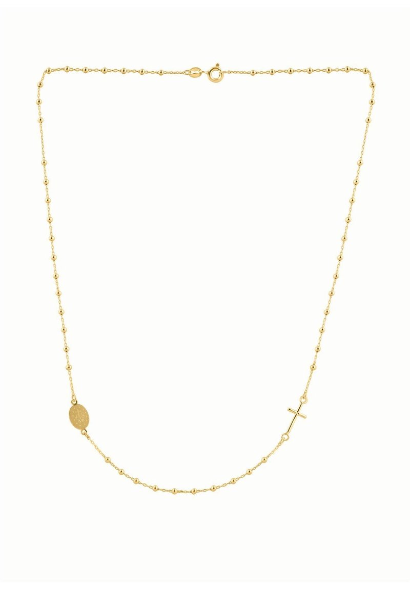 Zlatý náhrdelník s oválnymi a krížovými príveskami, zdobený striedaním malých korálok a hladkých spojov. Dizajn je jemný a vkusný.