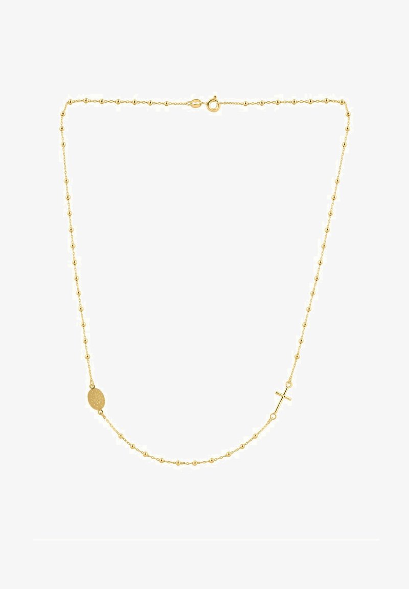 Zlatý náhrdelník s oválnymi a krížovými príveskami, zdobený striedaním malých korálok a hladkých spojov. Dizajn je jemný a vkusný.