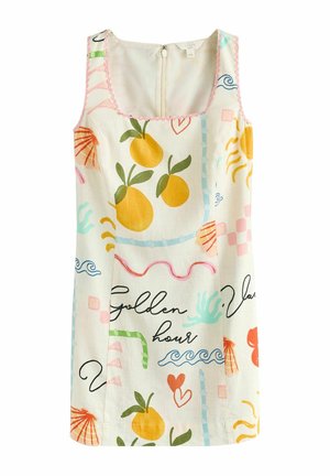 Ärmelloses weißes Kleid mit gelben Früchten, orangefarbenen Muscheln, blauen Wellen, Herzen und dem Schriftzug "Golden hour" in schwarzer Schreibschrift.